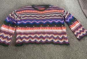 Multi Color Zig Zag Crochet Cropped Sweater with Bell Sleeves